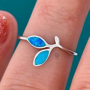 Blue Opal Leaf Sterling Silver Ring Sizes 4 - 9